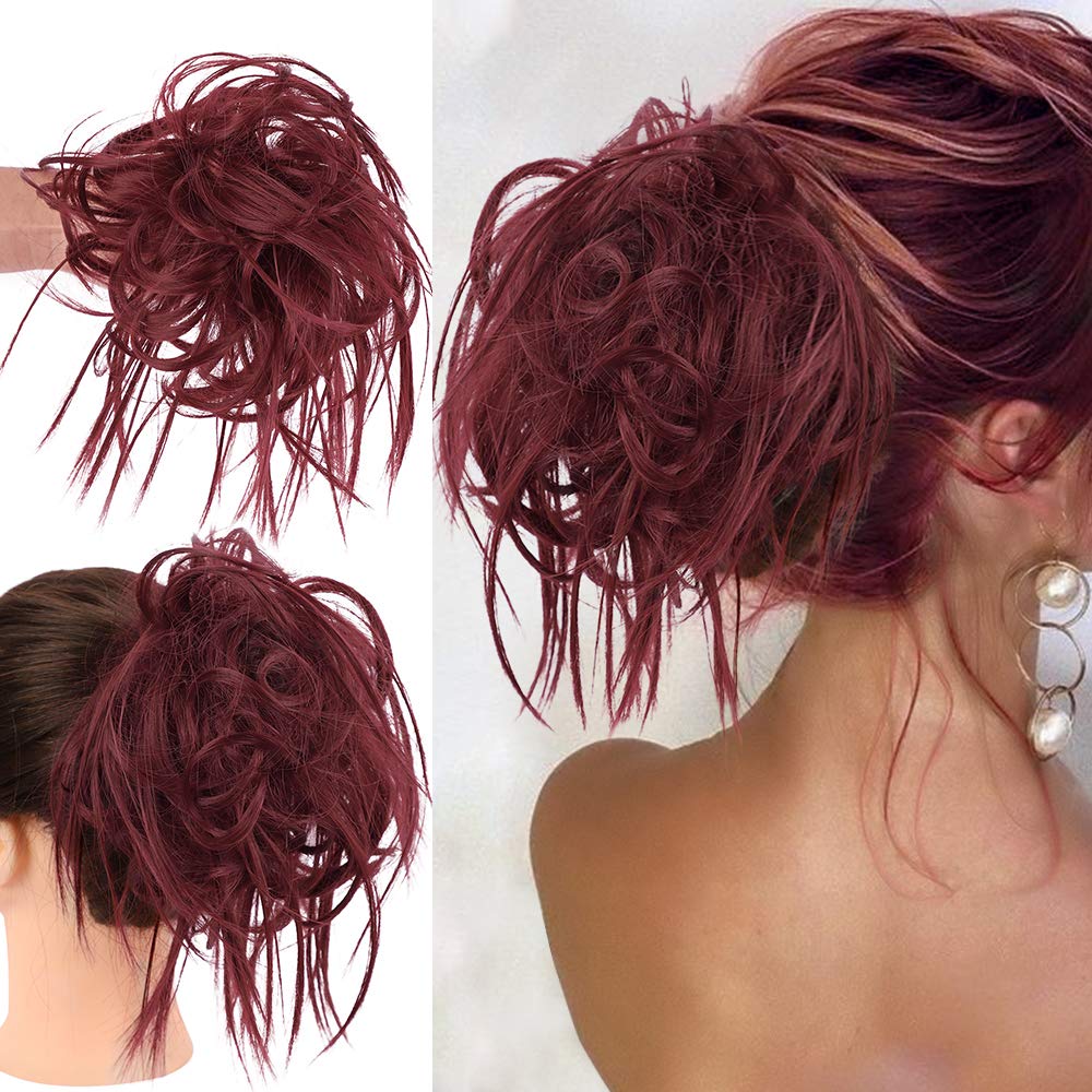 MEEZAA Tousled Updo Messy Bun Hair Piece Hair Extension Ponytail With Elastic Rubber Band Updo Extensions Hairpiece Synthetic Hair Extensions Scrunchies Ponytail Hairpiece for Women Red