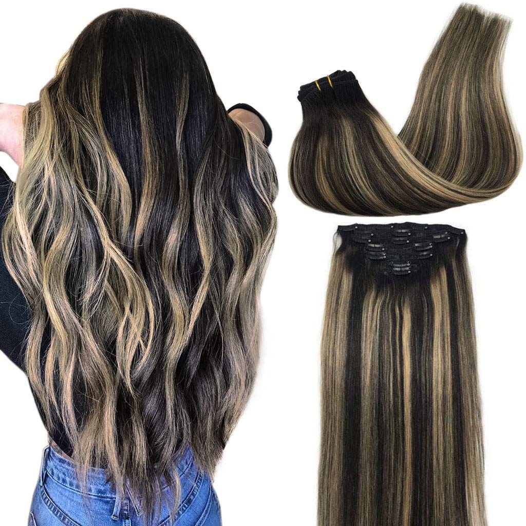 MEEZAA Remy Human Hair Extensions Clip in Balayage Natural Black to Light Blonde 14 inch 7pcs 120g Real Hair Extensions Clip in Natural Hair Extensions Silky Straight