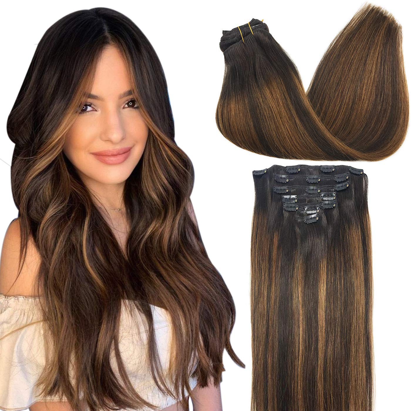 MEEZAA Remy Hair Extensions Clip in Human Hair Ombre Dark Brown to Chestnut Brown 14 Inch 120g 7pcs Straight Real Hair Extensions Natural Hair