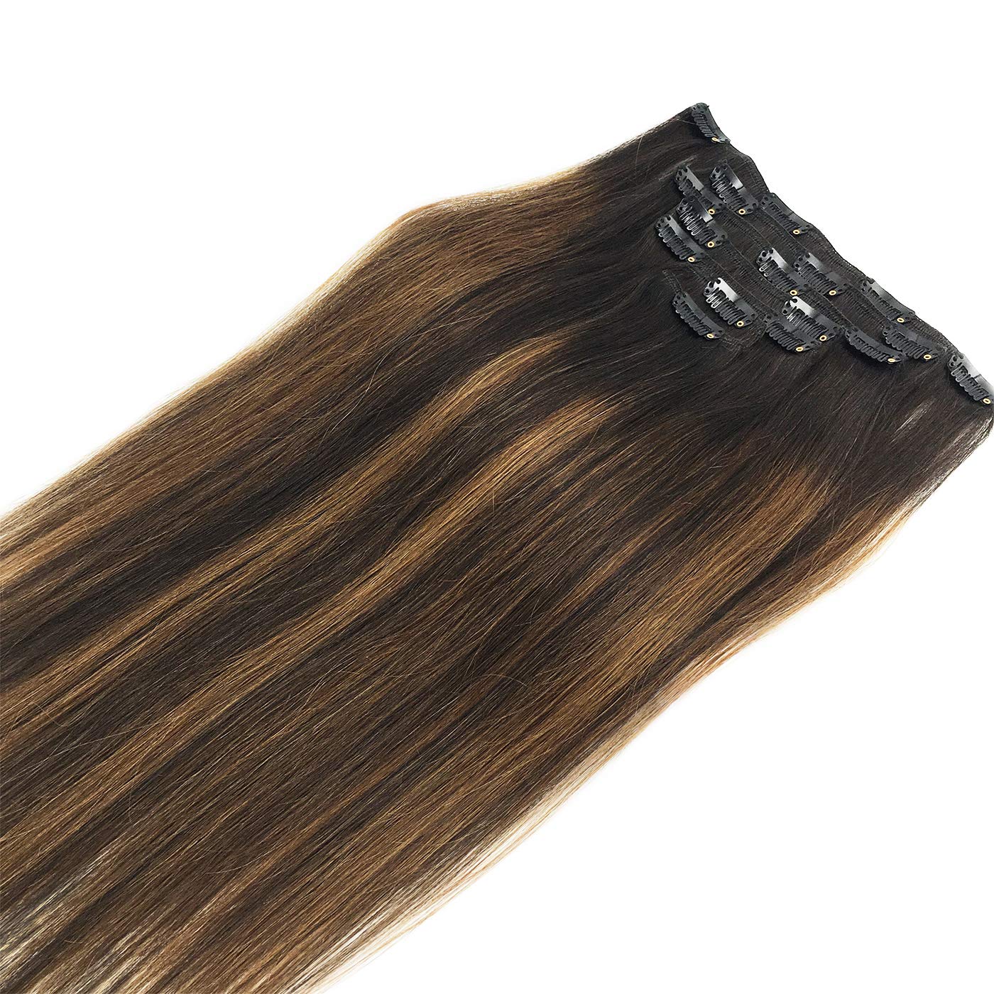 MEEZAA Remy Hair Extensions Clip in Human Hair Ombre Dark Brown to Chestnut Brown 14 Inch 120g 7pcs Straight Real Hair Extensions Natural Hair