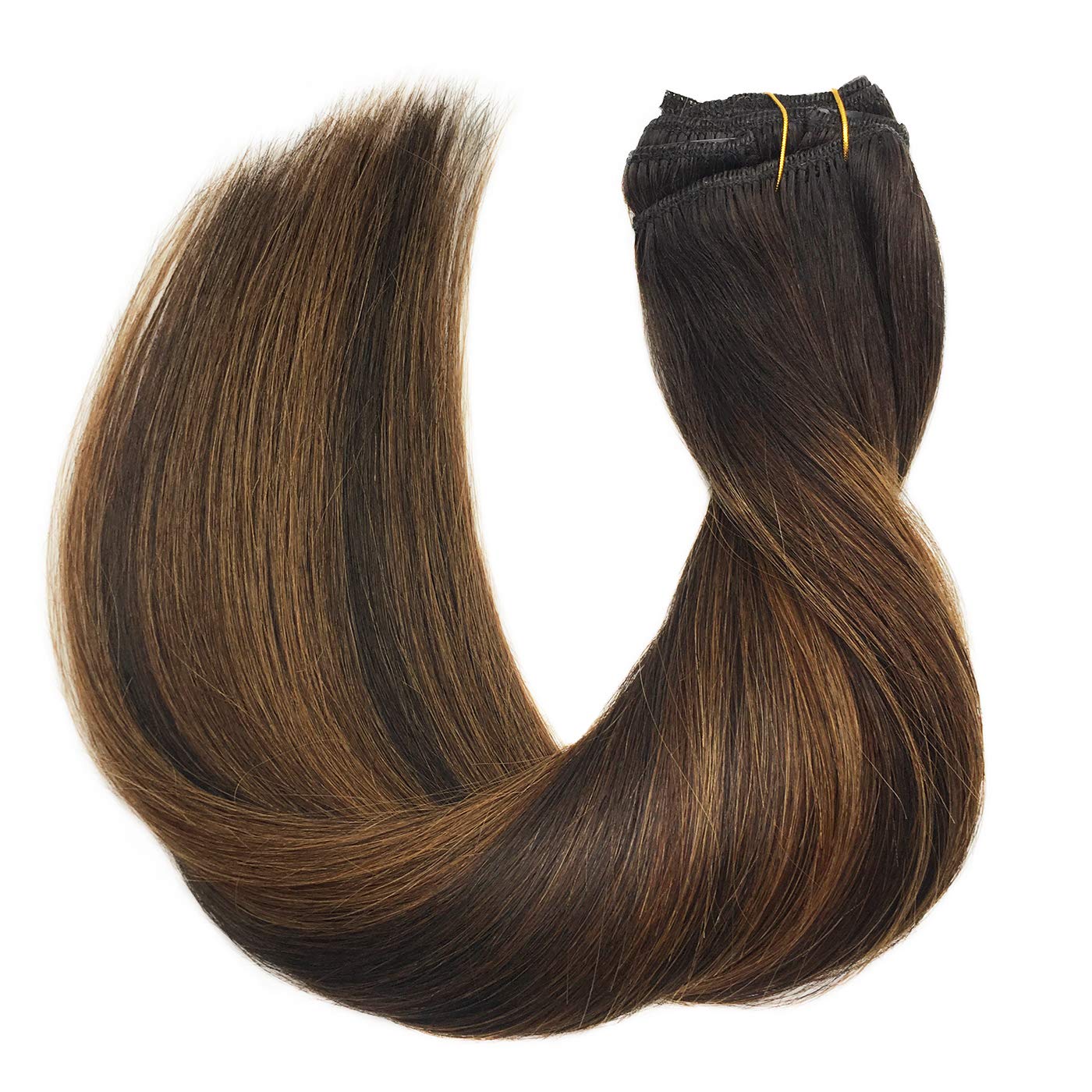 MEEZAA Remy Hair Extensions Clip in Human Hair Ombre Dark Brown to Chestnut Brown 14 Inch 120g 7pcs Straight Real Hair Extensions Natural Hair