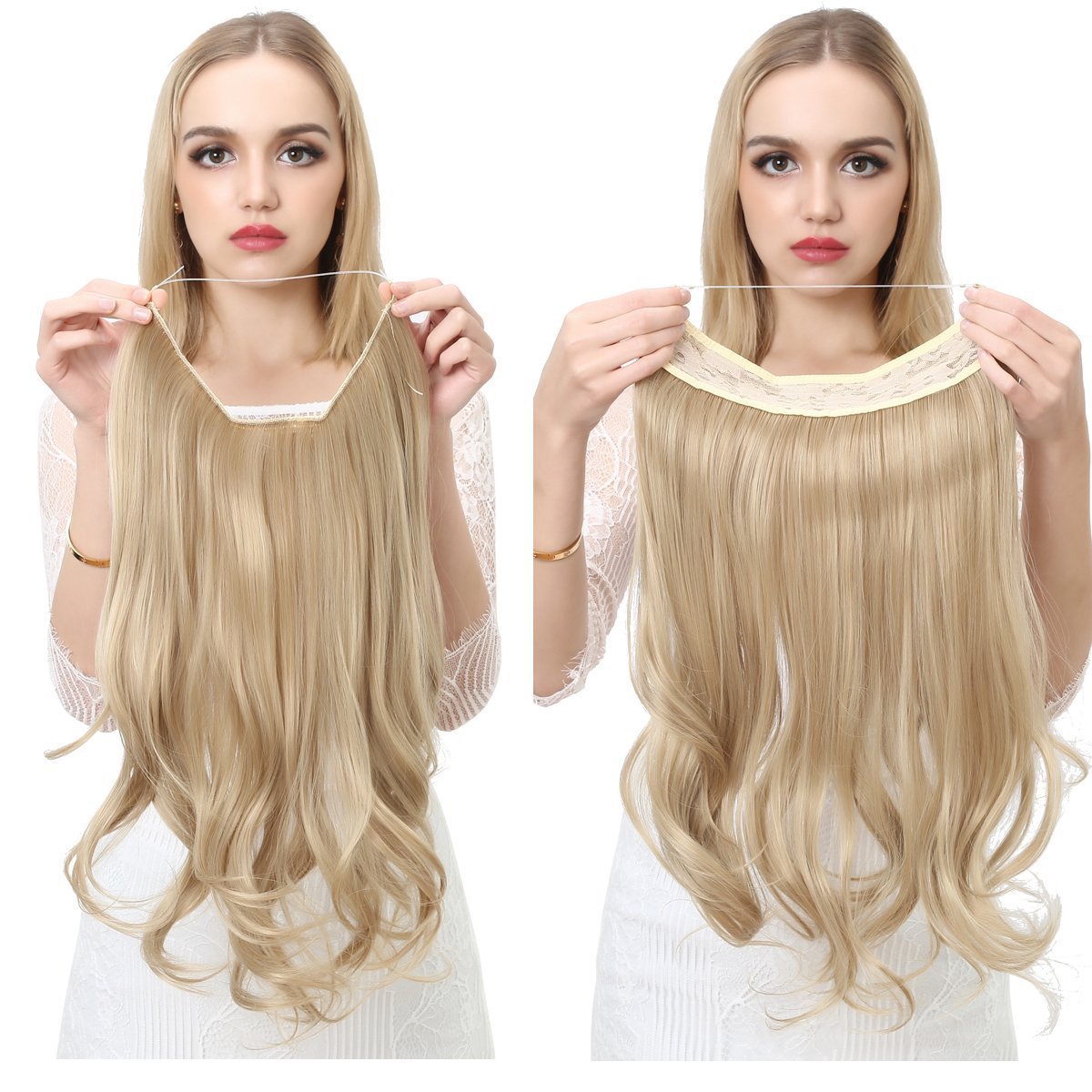 MEEZAA Colored Halo Hair Extensions Pastel Light Sky Aqua Blue Curly Short Synthetic Hairpiece 12 Inch 3.5 Oz Hidden Wire Headband for Women Girl Kid Party Heat Resistant Fiber No Clip(M05&Pastel Blue)