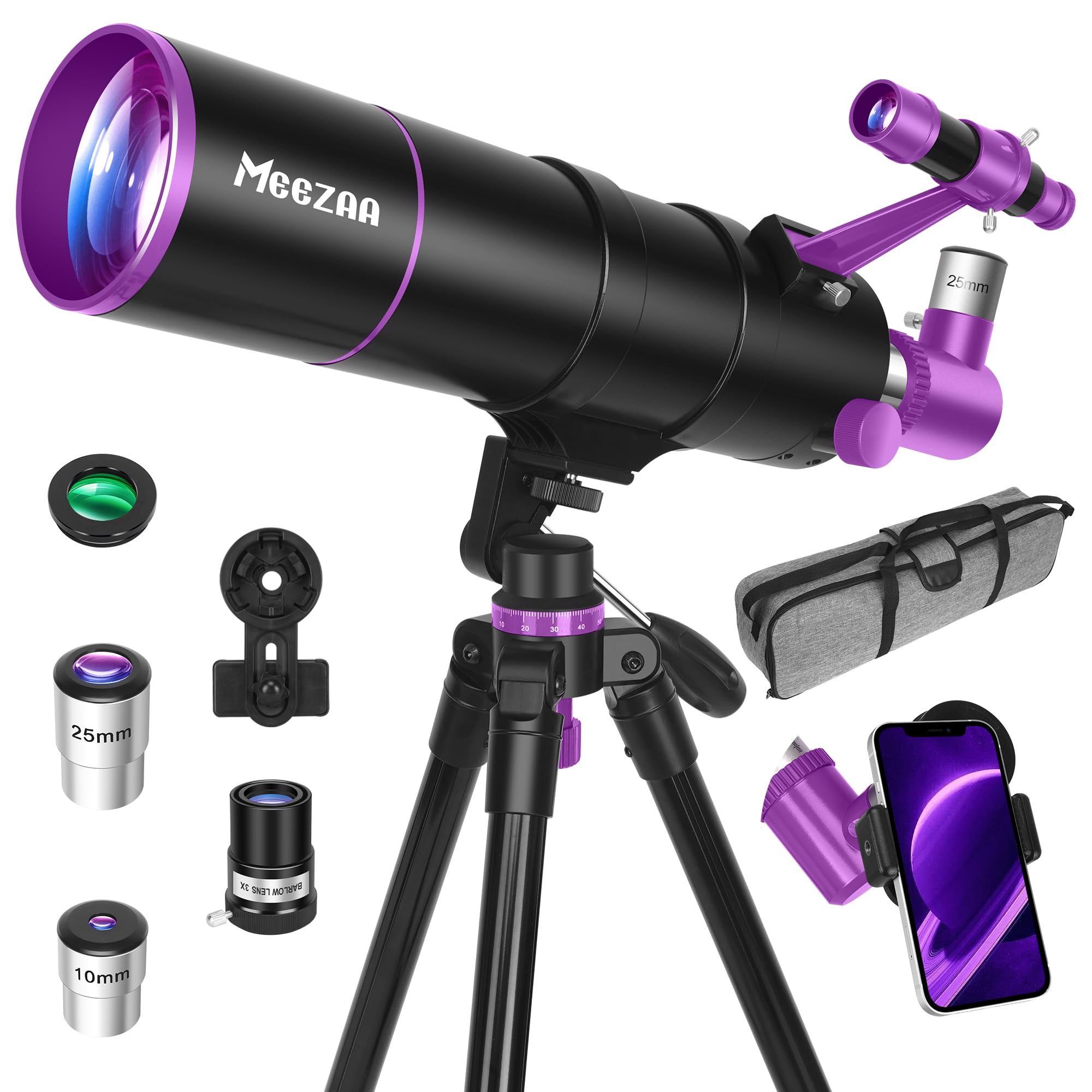 MEEZAA Telescope, Telescope for Adults High Powered, 90mm Aperture 550mm Portable Professional Refractor Telescopes for Astronomy Beginners with Tripod, Phone Adapter, Carry Bag & Moon Filter