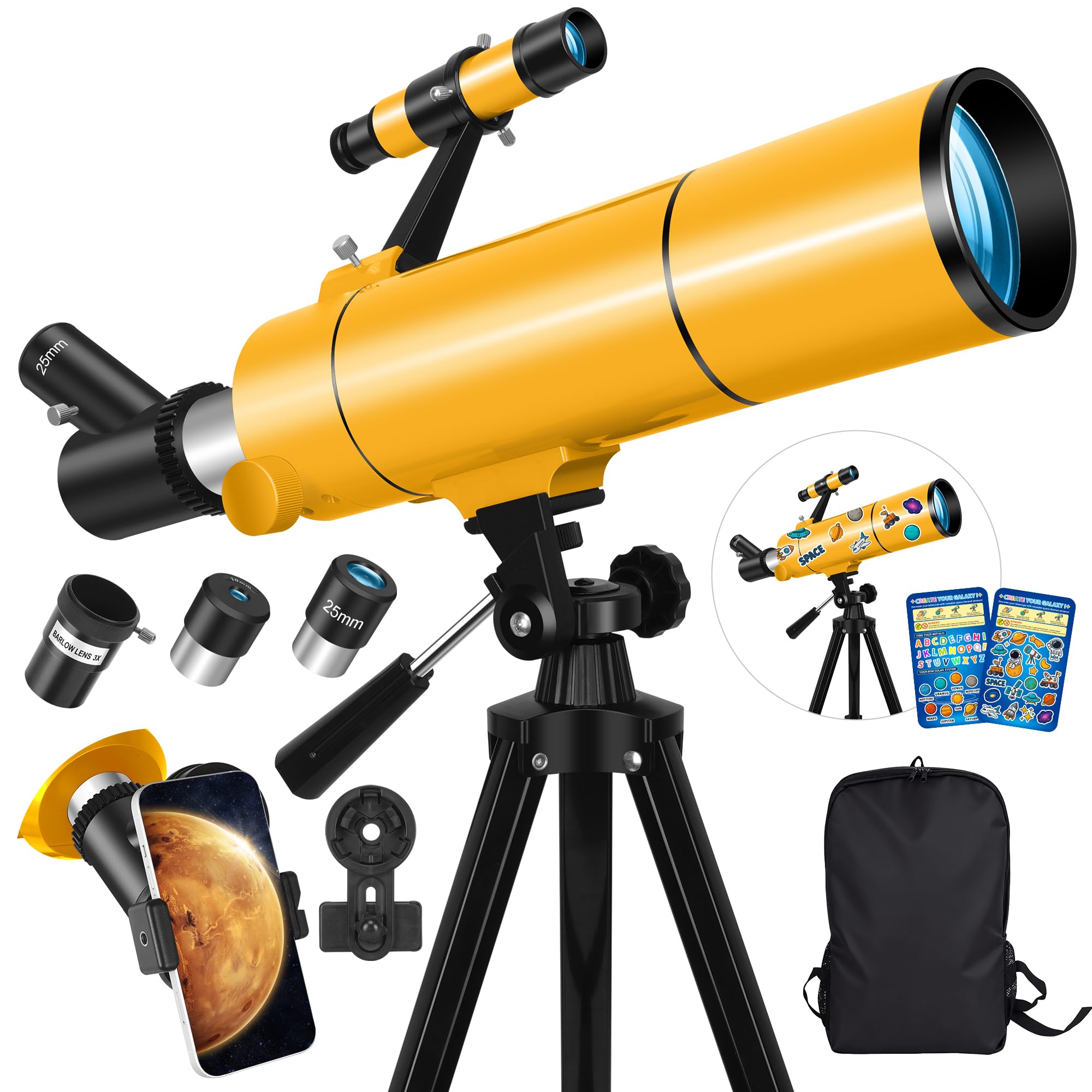 Telescope for Adults & Kids, 80mm Aperture 500mm Portable Refractor Telescope for Astronomy Beginners, Professional Travel Astronomical Telescopes with Tripod, Stickers, Phone Adapter, Backpack